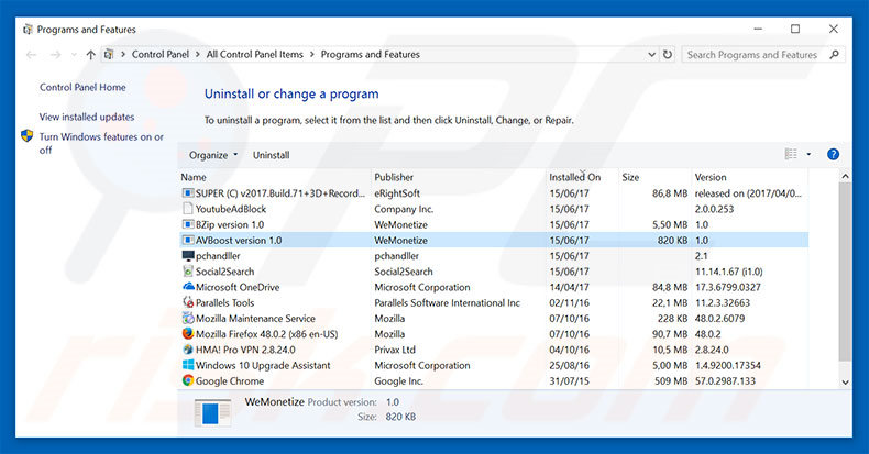 AVBoost adware uninstall via Control Panel