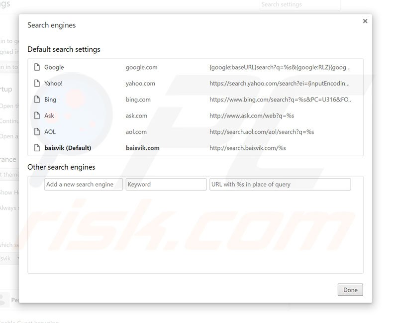 Removing search.baisvik.com from Google Chrome default search engine