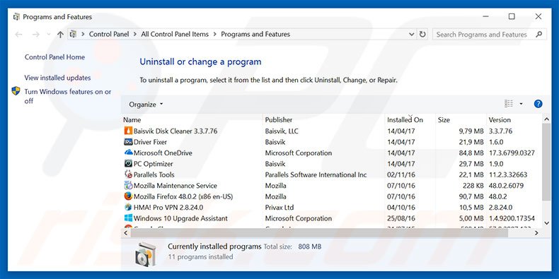 search.baisvik.com browser hijacker uninstall via Control Panel