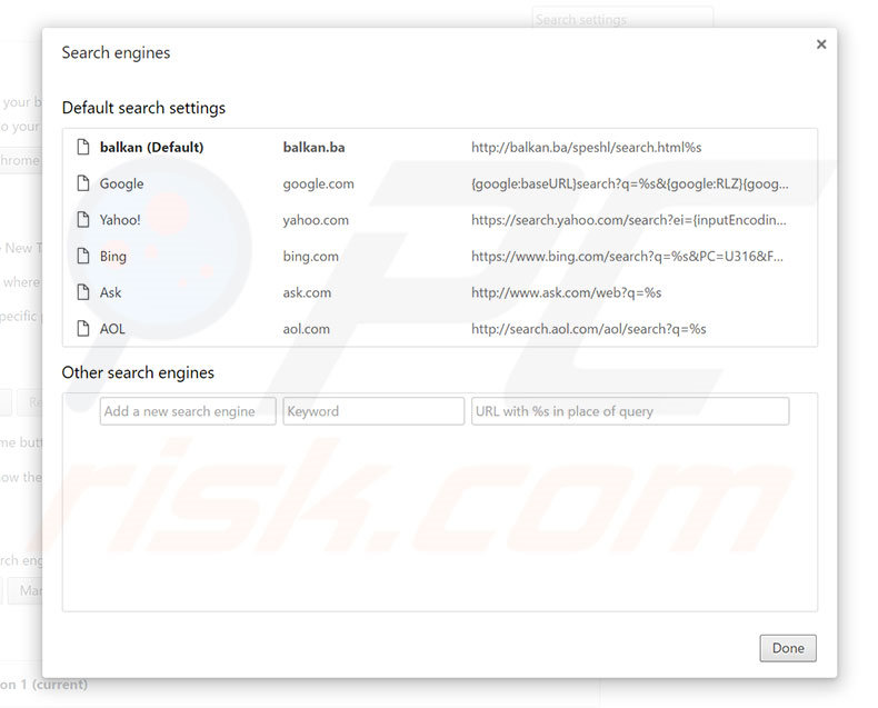 Removing balkan.ba from Google Chrome default search engine