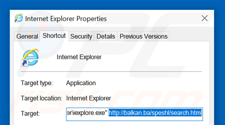 Removing balkan.ba from Internet Explorer shortcut target step 2