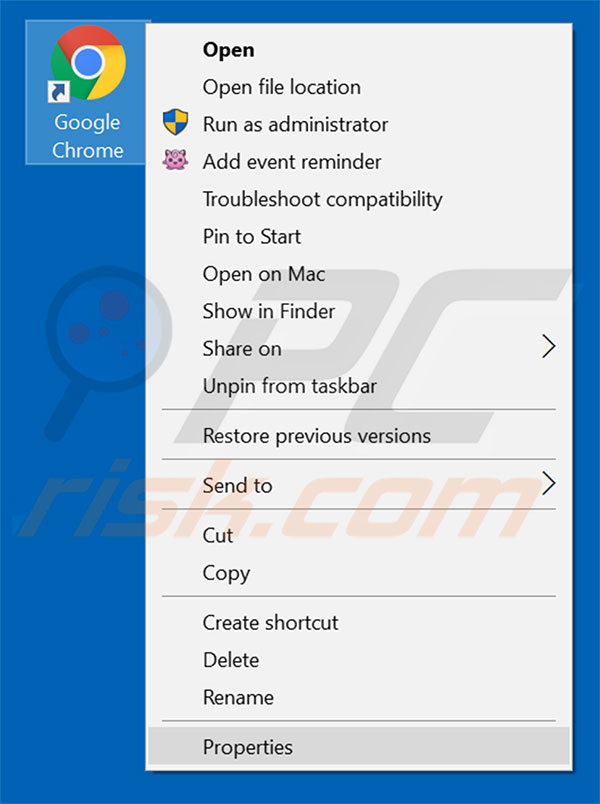 Removing basicquery.com from Google Chrome shortcut target step 1