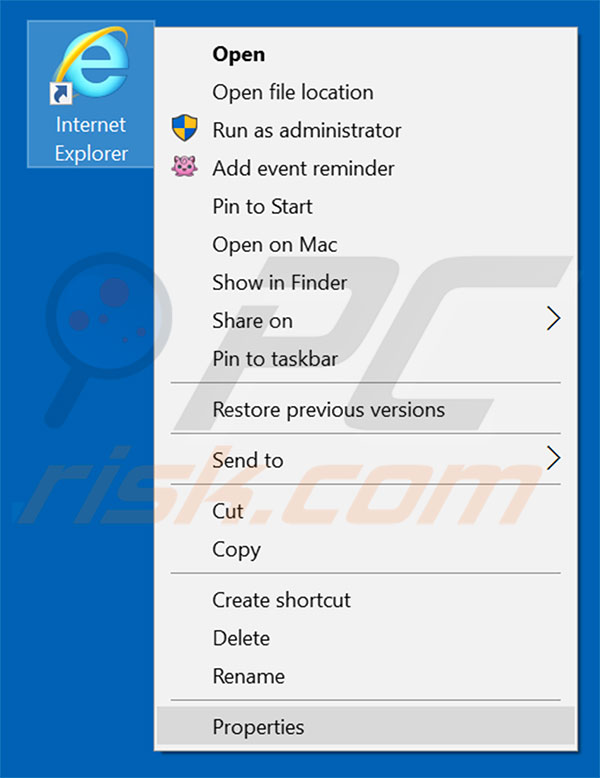 Removing basicquery.com from Internet Explorer shortcut target step 1