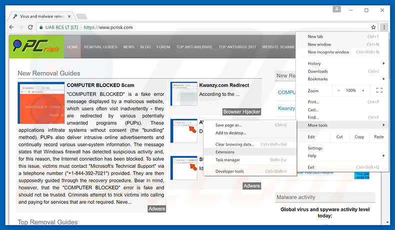 Removing CloudExtender  ads from Google Chrome step 1