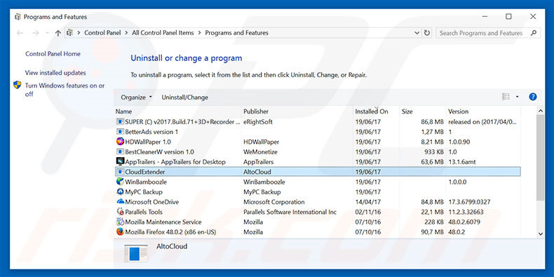 CloudExtender adware uninstall via Control Panel