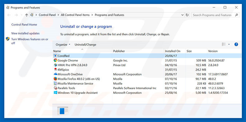 CondRed adware uninstall via Control Panel