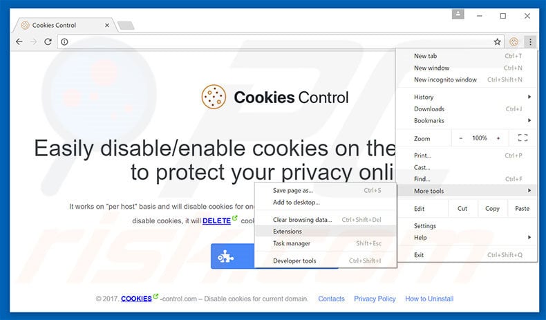Removing Cookies Control  ads from Google Chrome step 1