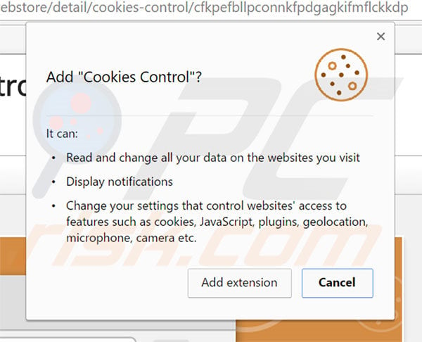 Cookies Control adware asking for a permission to add add-ons