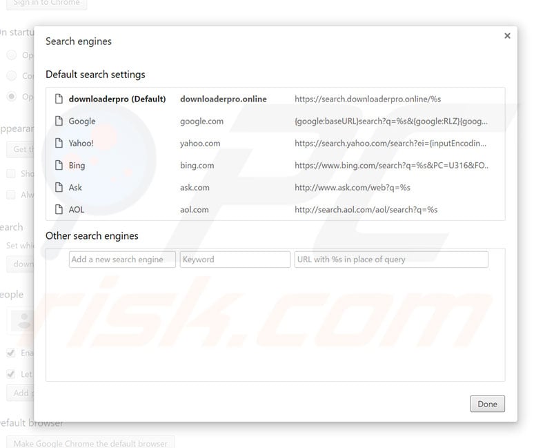 Removing search.downloaderpro.online from Google Chrome default search engine