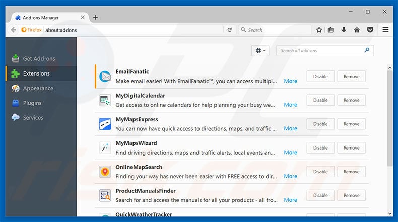 Removing hp.myway.com related Mozilla Firefox extensions