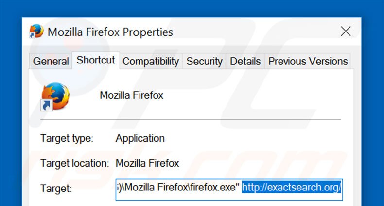 Removing exactsearch.org from Mozilla Firefox shortcut target step 2