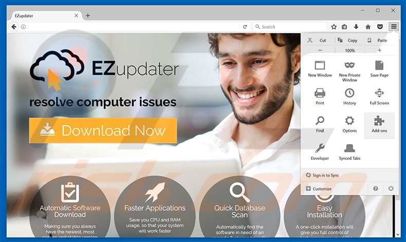 Removing EZupdater ads from Mozilla Firefox step 1