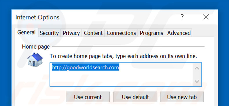 Removing goodworldsearch.com from Internet Explorer homepage