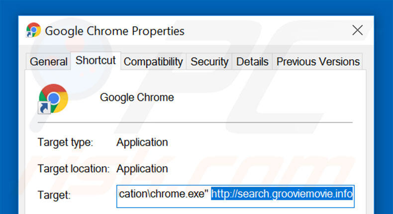 Removing search.grooviemovie.info from Google Chrome shortcut target step 2