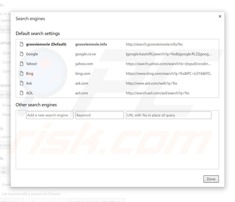 Removing search.grooviemovie.info from Google Chrome default search engine