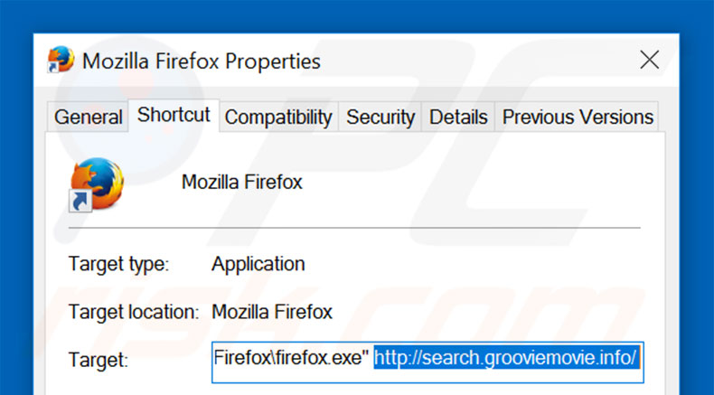 Removing search.grooviemovie.info from Mozilla Firefox shortcut target step 2