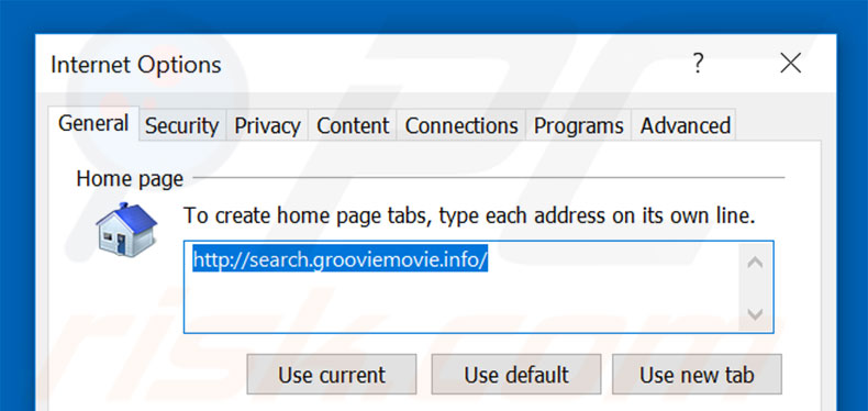 Removing search.grooviemovie.info from Internet Explorer homepage