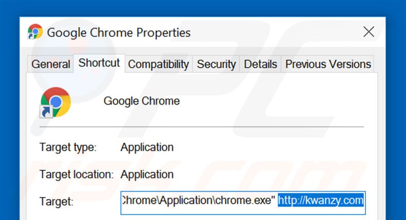 Removing kwanzy.com from Google Chrome shortcut target step 2