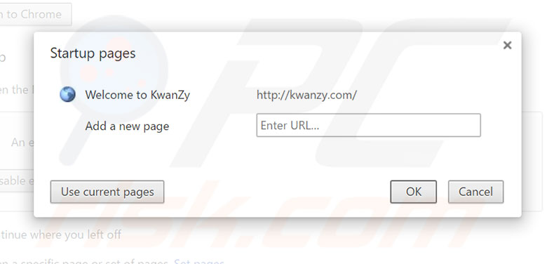 Removing kwanzy.com from Google Chrome homepage