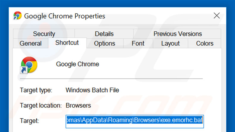 Removing loadblanks.ru from Google Chrome shortcut target step 2