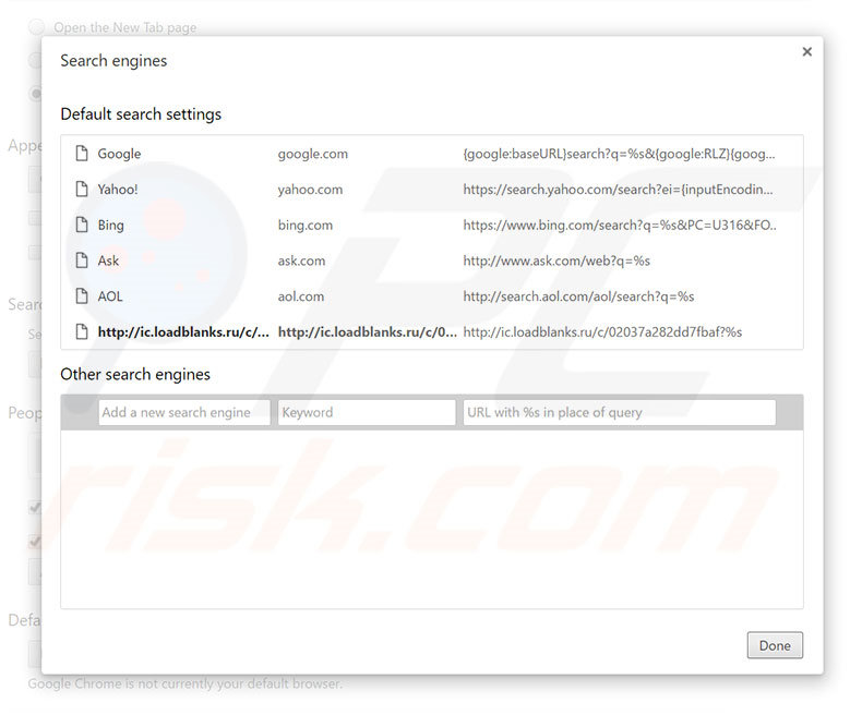 Removing loadblanks.ru from Google Chrome default search engine