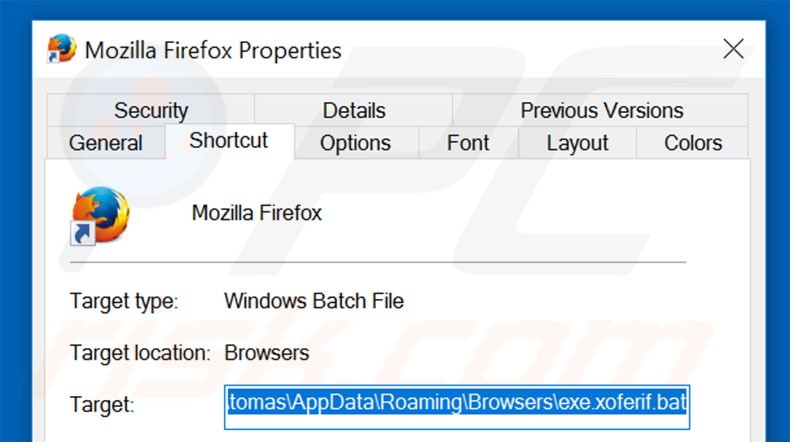 Removing loadblanks.ru from Mozilla Firefox shortcut target step 2