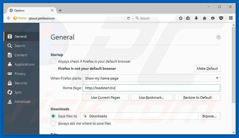 Removing loadstart.biz from Mozilla Firefox homepage