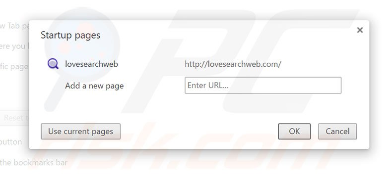 Removing lovesearchweb.com from Google Chrome homepage