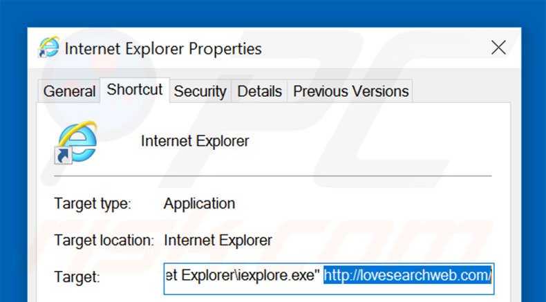 Removing lovesearchweb.com from Internet Explorer shortcut target step 2