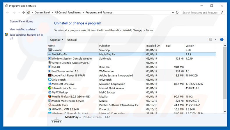 MediaPlayAir adware uninstall via Control Panel