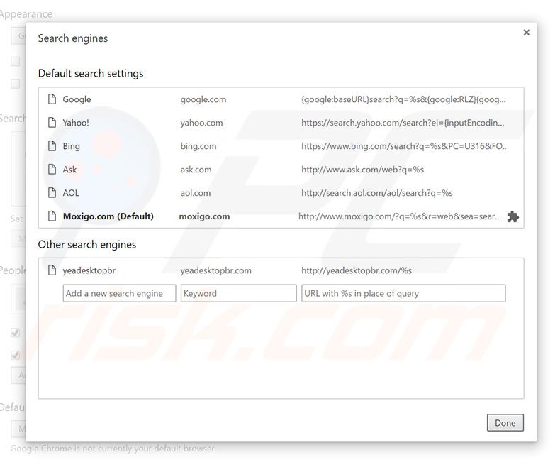 Removing moxigo.com from Google Chrome default search engine