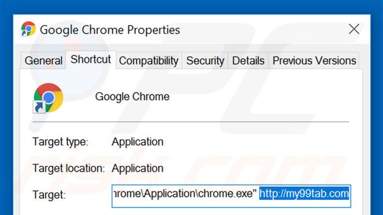 Removing my99tab.com from Google Chrome shortcut target step 2
