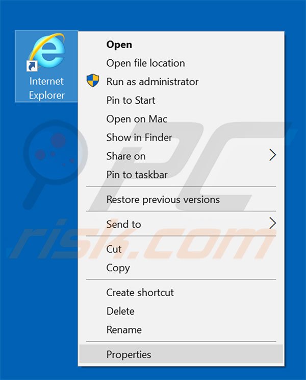 Removing my99tab.com from Internet Explorer shortcut target step 1