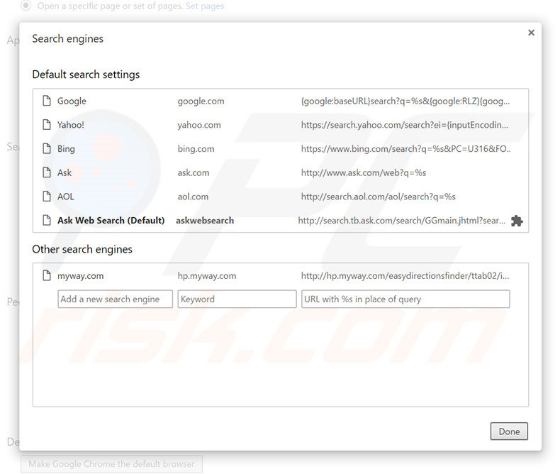 Removing hp.myway.com from Google Chrome default search engine