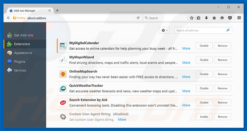 Removing hp.myway.com related Mozilla Firefox extensions