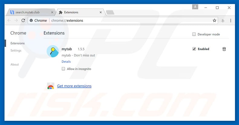 Removing search.mytab.club related Google Chrome extensions