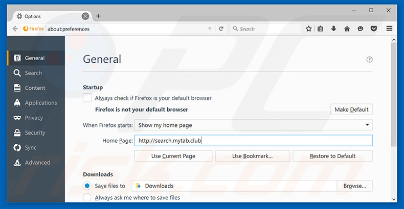 Removing search.mytab.club from Mozilla Firefox homepage