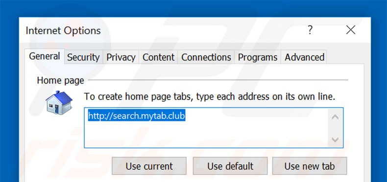 Removing search.mytab.club from Internet Explorer homepage