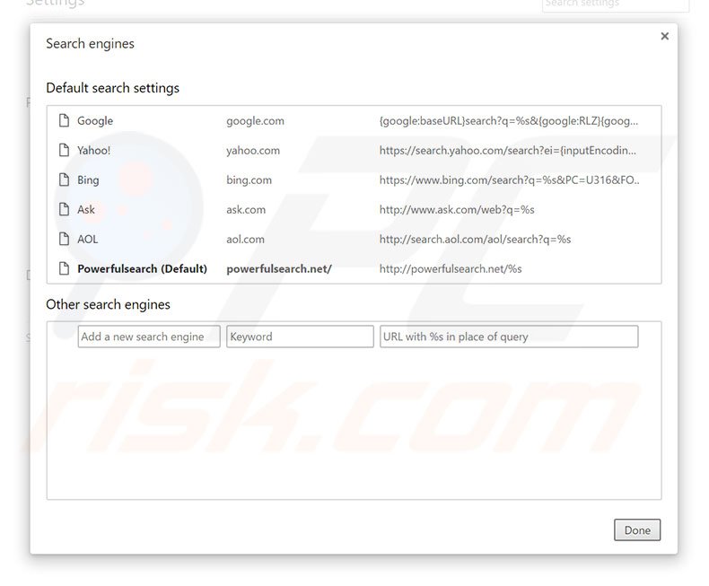 Removing powerfulsearch.net from Google Chrome default search engine