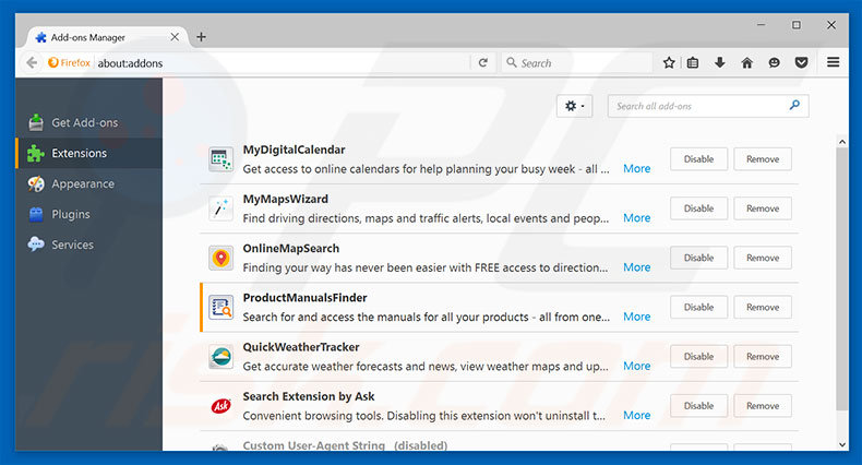 Removing hp.myway.com related Mozilla Firefox extensions