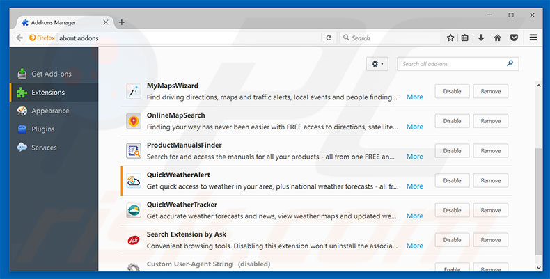 Removing hp.myway.com related Mozilla Firefox extensions