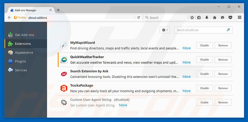Removing hp.myway.com related Mozilla Firefox extensions