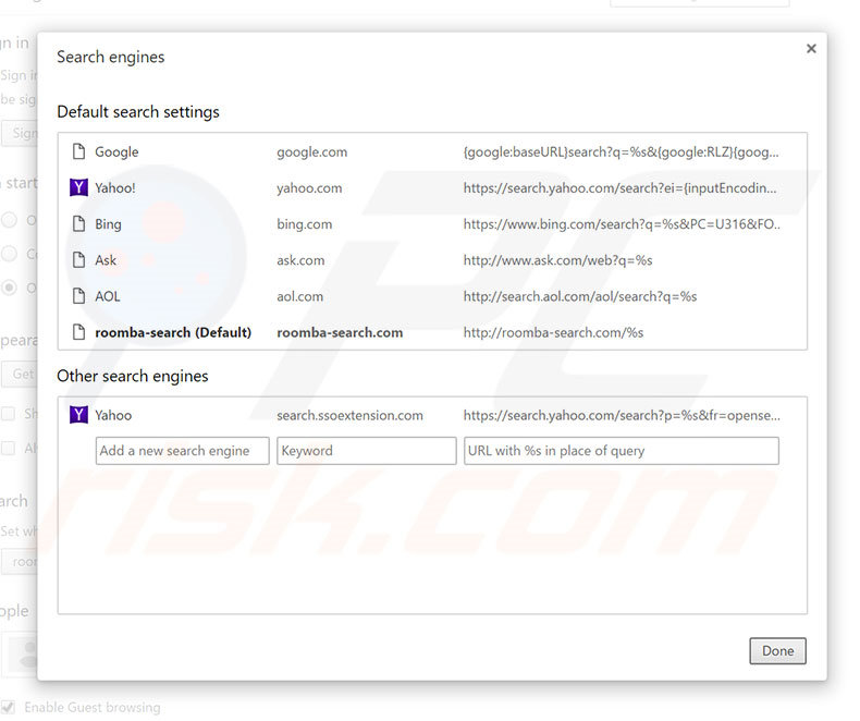 Removing roomba-search.com from Google Chrome default search engine