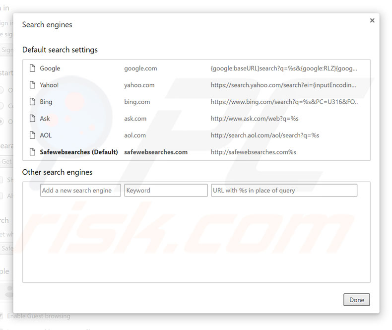 Removing safewebsearches.com from Google Chrome default search engine