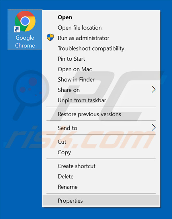 Removing scangoogle.ru from Google Chrome shortcut target step 1