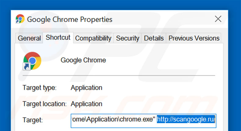 Removing scangoogle.ru from Google Chrome shortcut target step 2