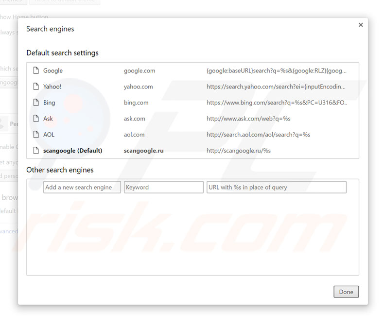 Removing scangoogle.ru from Google Chrome default search engine
