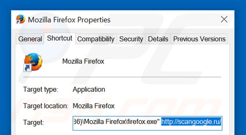 Removing scangoogle.ru from Mozilla Firefox shortcut target step 2