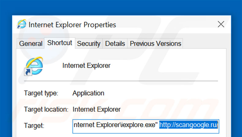 Removing scangoogle.ru from Internet Explorer shortcut target step 2
