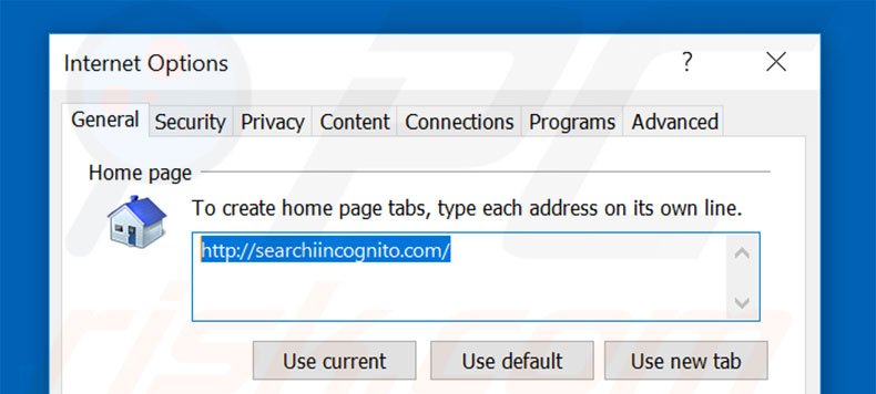 Removing searchiincognito.com from Internet Explorer homepage